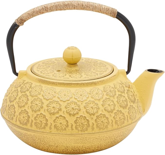 Juvale Japanese Cast Iron Teapot - Stainless-Steel Infuser & Loose Leaf Tea Pot - Superior Heat Retention Cast Iron Kettle - Elegant Floral Trivet For Home Tea Set - 800 ml, Yellow