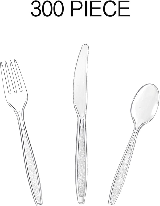 Cutlery Set Plastic Utensils Clear Forks Spoons Knives Disposable Silverware Heavyweight [300 Combo Box] (Formerly FULING)