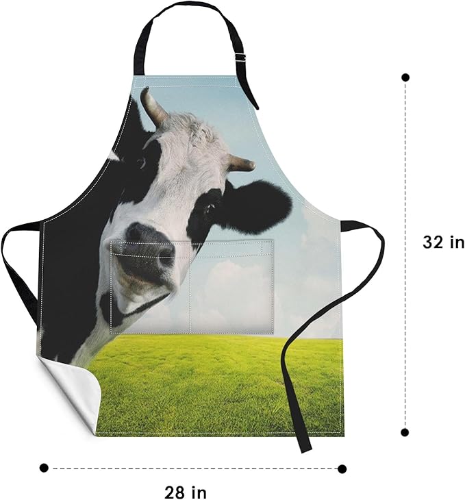 Britimes Apron Home Kitchen Waterproof Cooking Baking Gardening for Women Men With Pockets Funny Cow On Green Grassland 32x28 inch
