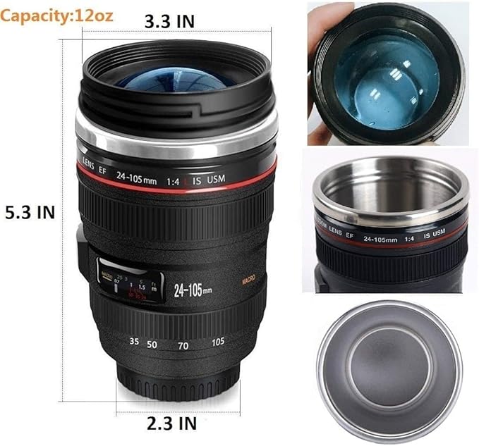 Camera Lens Coffee Mugs,Stainless Steel Lens Cups with Four Leaf Clover Spoon,Novelty Christmas Gifts for Photographers Sweeties Dad Men Women Photography Lovers