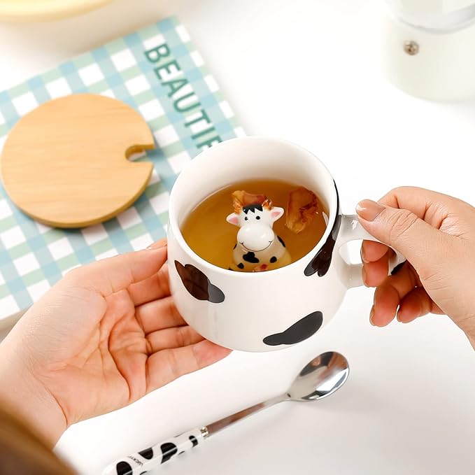 BigNoseDeer Cute Ceramic Cow Mug with 3D Cow Inside,Cow Print Coffee Mug,Cute Mugs with Lid Spoon,Cute Stuff Cool stuff Birthday Gifts Anime Gifts for Women Girlfrend Kids13oz