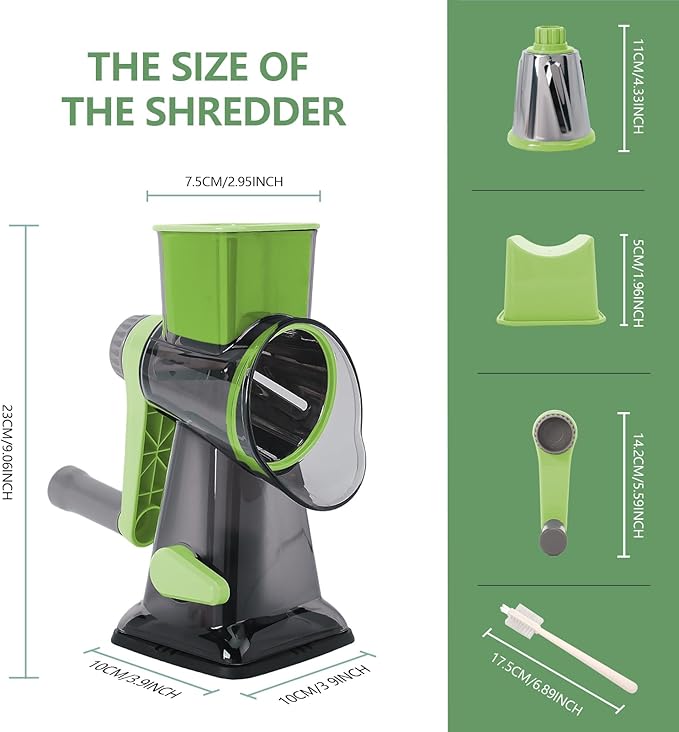 Rotary Cheese Grater Multi-Purpose Stainless Steel Shredder- Cheese Grater With handle Effortless Grating of Vegetables, Nuts and Fruits,with Suction Base and Cleaning Brush (green)