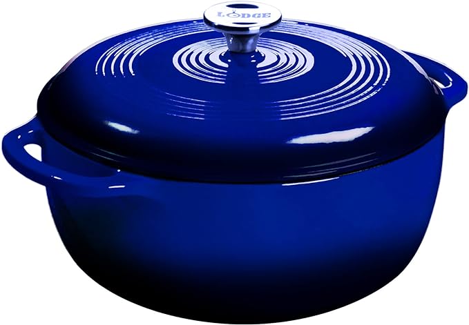 Lodge 7.5 Quart Enameled Cast Iron Dutch Oven with Lid – Dual Handles – Oven Safe up to 500° F or on Stovetop - Use to Marinate, Cook, Bake, Refrigerate and Serve – Indigo