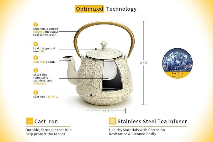 Tea Kettle, TOPTIER Japanese Cast Iron Teapot with Infuser for Loose Leaf and Tea Bags, Stovetop Safe Cast Iron Tea Kettle Coated with Enameled Interior for 40 oz (1200 ml), Beige