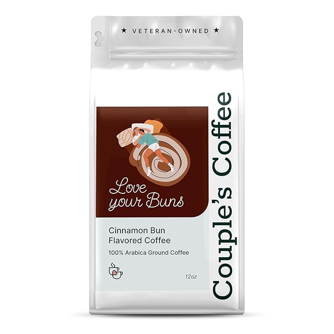 Couple’s Coffee Flavored Ground Coffee | Medium Roast Cinnamon Bun Flavored Coffee | Gives Back to Military Families | Love Your Buns | Made with 100% Arabica Beans | 12oz bag
