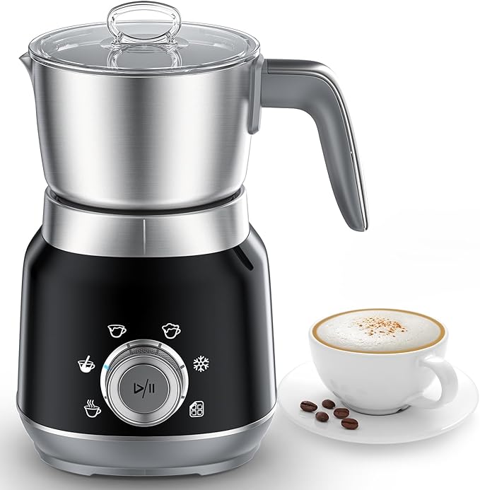 6-in-1 Electric Milk Frother and Steamer with Detachable Cups, Automatic Cold and Warm Foam Maker for Lattes/Cappuccinos/Hot Chocolate, Dishwasher Safe Black