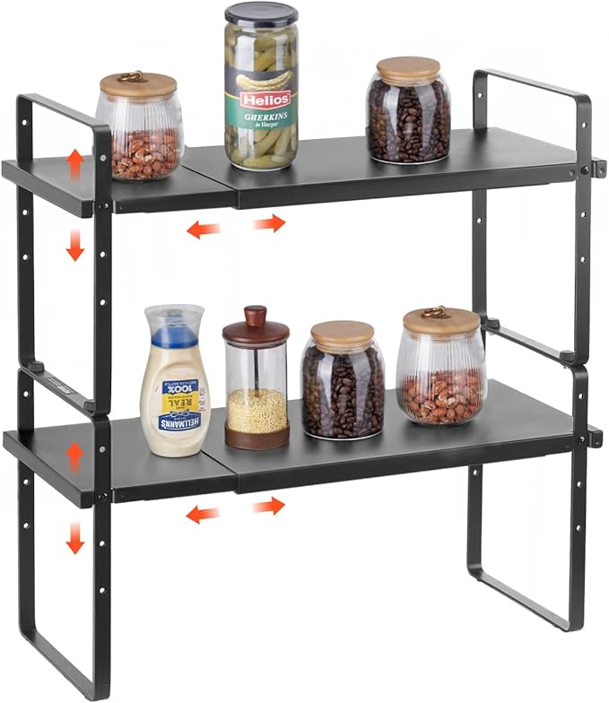 VEVOR Adjustable Kitchen Cabinet Shelf Organizer, Expandable 2 Tier Cabinet Shelf, Stackable Countertop Organizers and Storage Risers, Pantry for Kitchen Bathroom Office, Black