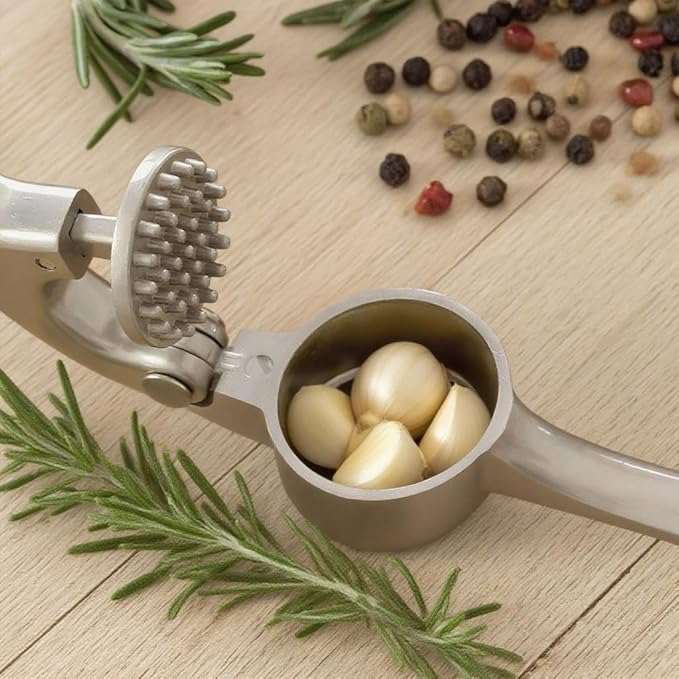 Garlic Press Set - Professional Stainless Steel Garlic Mincer with Silicone Peeler and Cleaning Brush, Rustproof Dishwasher Safe Kitchen Tool