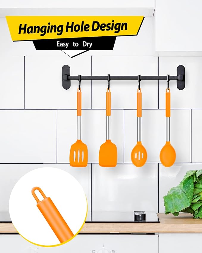 Pack of 4 Silicone Cooking Utensils Set, Non Stick Large Solid Spatulas, Heat Resistant Slotted Spoons, Ideal BPA Free Kitchen Turners for Frying, Mixing,Serving,Draining,Turning,Stirring (ORANGE)