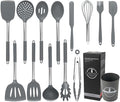Silicone Kitchen Tools - Non - Stick, Anti - Slip, High - Temperature Resistant, Scald - Proof 14 - Piece Set with Stainless Steel Tube Handles & a Storage Bucket (Gray)
