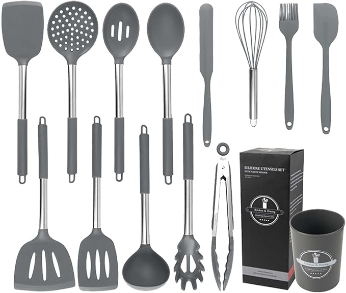 Silicone Kitchen Tools - Non - Stick, Anti - Slip, High - Temperature Resistant, Scald - Proof 14 - Piece Set with Stainless Steel Tube Handles & a Storage Bucket (Gray)