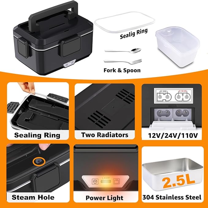 Nifogo Electric Lunch Box for Adults 2.5L 80W Portable Heated Lunch Box for Men 3 in 1 Portable Food Warmer 110V/12V/24V Removable Stainless Steel Container & Big Bag(2.5L-Black)