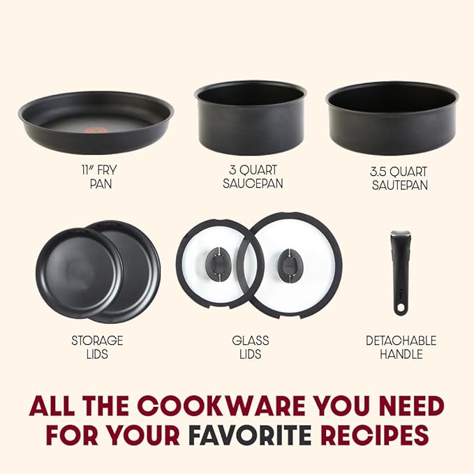 T-fal Ingenio Expertise Non Stick Cookware Set 8 Piece, Induction, Oven Broiler Safe 500F, Stackable Cookware, Pots and Pans, RV, Camping, Fry Pans, Dishwasher Safe, Detachable/Removable Handle Black