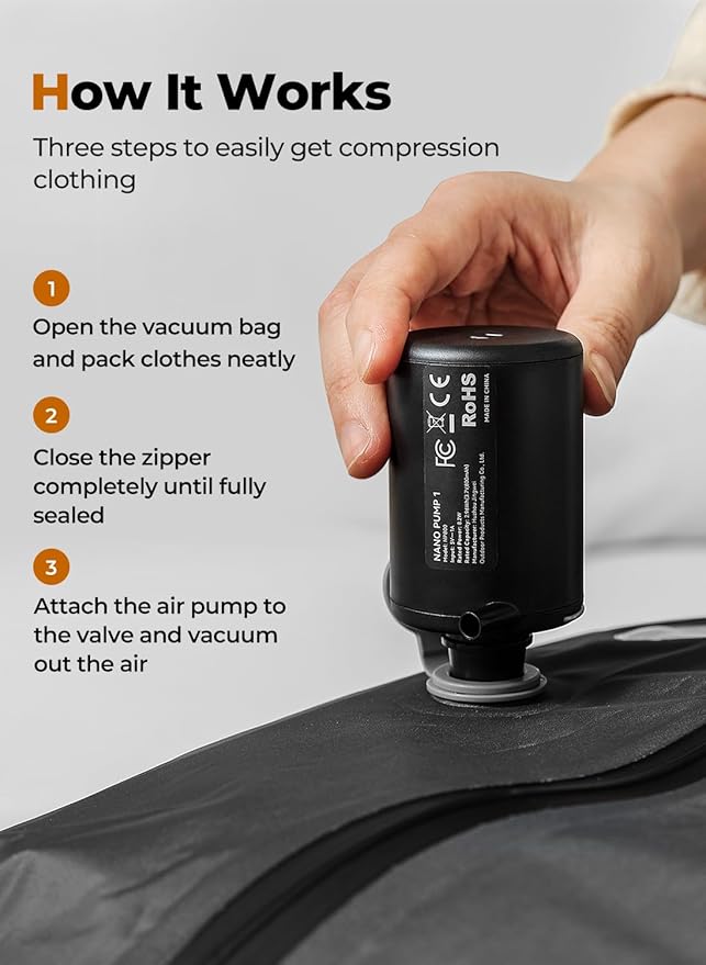 Vacuum Bags for Travel with Wireless Pump, IP67 Waterproof, Reusable Space Saver Compression Bags for Backpack, Suitcase, Home Storage(1 Pack + Pump)