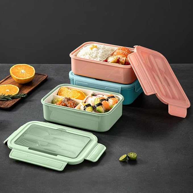 NatraProw Bento Box for Adult, 1400 ML Lunch Containers for Adults, LeakProof Lunch Box with Utensils, BPA Free, 3 Compartment Bento Box Microwave Safe, Light Green