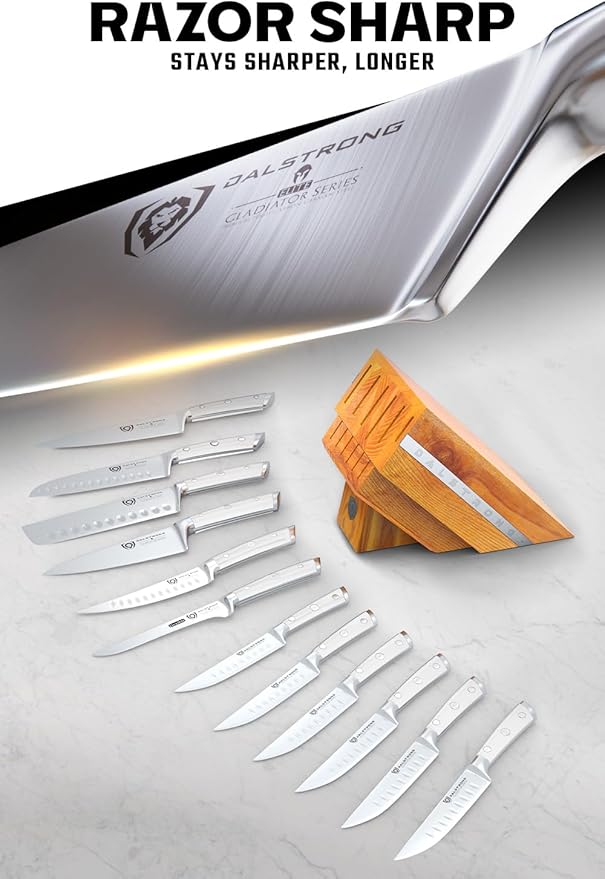 Dalstrong 12-Piece Knife Block Set - Gladiator Series Elite - White Handles - German HC Steel - Hand-Made Manchurian Ash Wood Block - NSF Certified