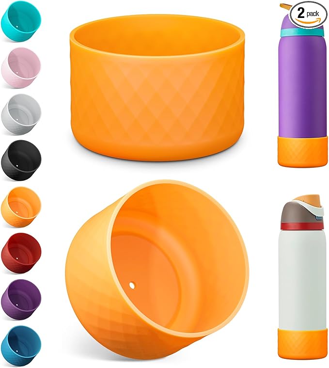 2PCS Silicone Water Bottle Boot for Owala 32oz, Protective Bottom Bumper Anti-Slip Sleeve for FreeSip, Twist, and Flip Stainless Steel Bottles, Dishwasher Safe and BPA Free(Orange)