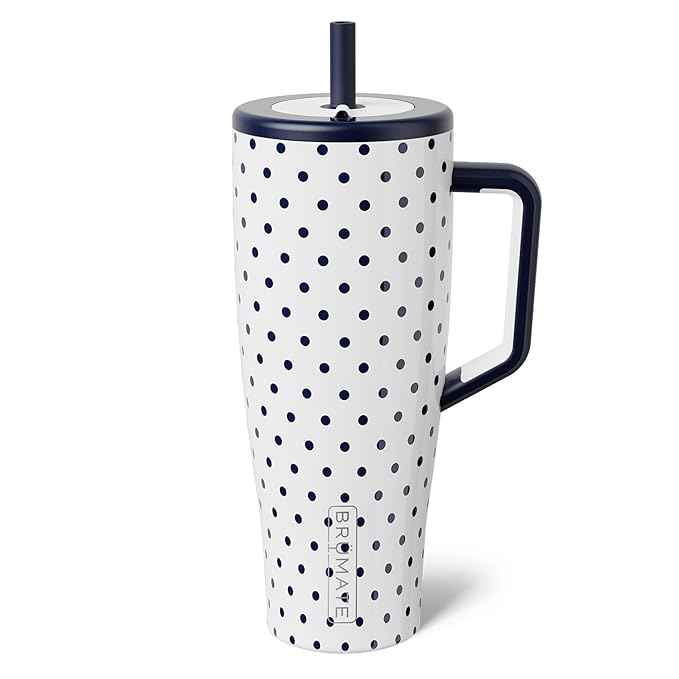 BrüMate Era 40 oz Tumbler with Handle and Straw | 100% Leakproof Insulated Water Bottle Tumbler with Lid and Straw | Made of Stainless Steel | Cup Holder Friendly | 40oz (White Polka Dots)