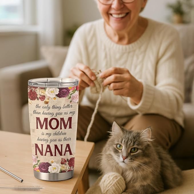 SANDJEST Best Nana Ever Tumbler Gift for Grandmas from Grandkids - 20oz Floral Insulated Stainless Steel Travel Mug Granny Christmas, Birthday, Mother's Day Gifts for Nana, Gigi from Grandchildren