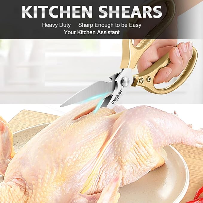 ONEBOM 2 Pack Kitchen Shears,Multi-Function Kitchen Scissors Heavy Duty Sharp 304 Stainless Steel, Gold Apartment Kitchen Accessories Cooking Shears for Chicken,Meat,Fish,Poultry (Gold)