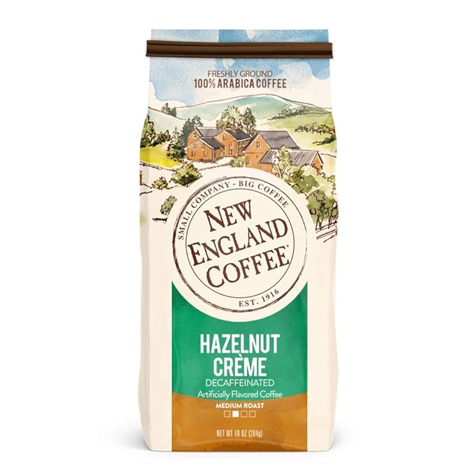 New England Coffee Hazelnut Crème Decaffeinated Medium Roast Ground Coffee, 10oz Bag (Pack of 1)