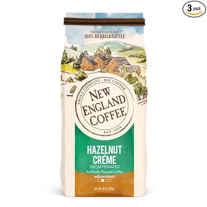 New England Coffee Hazelnut Crème Decaffeinated Medium Roast Ground Coffee, 10oz Bag (Pack of 3)