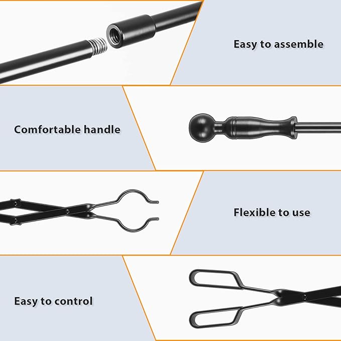 FEED GARDEN 32 Inch Fireplace Poker and 26 Inch Fireplace Tongs Set for Fire Pit Fireplace Tools Accessories Log Grabber Set For Camping Wood Stove Patio Campfire Picnic Indoor Outdoor