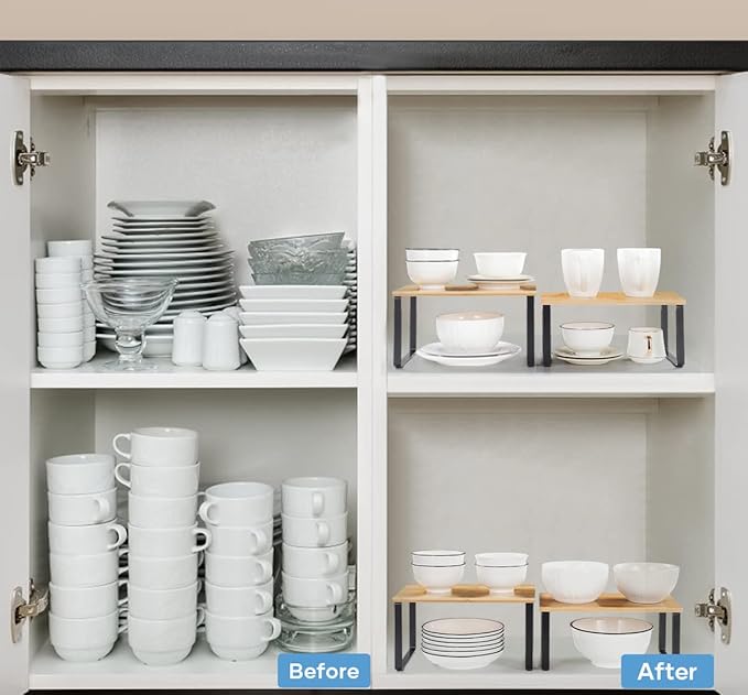 NEX Kitchen Cabinet and Counter Shelf Organizer, Stackable & Expandable, Black and Natural