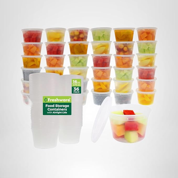 Freshware Food Storage Containers [36 Set] 16 oz Plastic Deli Containers with Lids, Slime, Soup, Meal Prep Containers | BPA Free | Stackable | Leakproof | Microwave/Dishwasher/Freezer Safe