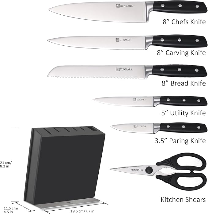 Knife Set, 7 Piece Sharp Chef Knife Set with Solid Wood Block, Unique One-Sided Magnetic Design, Full-tang Stainless Steel Knife Block Set for Home and Restaurants, Elegant Black