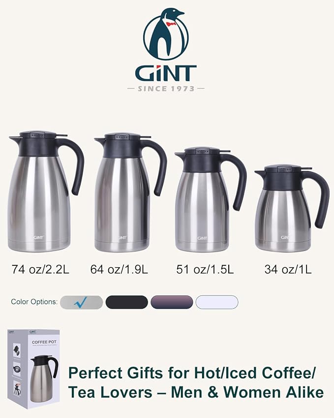 GiNT 34Oz Thermal Coffee Carafe, Insulated Stainless Steel Coffee Carafes for Keeping Hot/Double Walled Vacuum Coffee Carafe (Silver, 1L)
