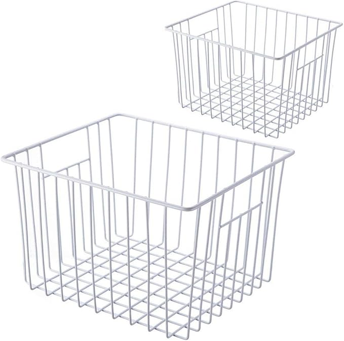 SANNO Freezer Baskests Organizer Bins, Freezer Wire Storage Basket Refrigerator Storage Baskets Bins Organizer with Built-in Handles for Cabinets, Pantry, Closets, Bedrooms - Set of 2 White