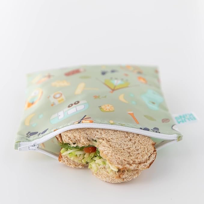 Bumkins Reusable Sandwich and Snack Bags, for Kids School Lunch and for Adults Portion, Washable Fabric, Waterproof Cloth Zip Bag, Travel Pouch, Food-Safe Storage, Large 2-pk Green Camp Friends