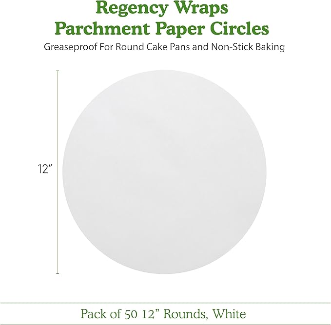 Regency Wraps Parchment Paper Circles For Round Cake Pans, Greaseproof Liners for Non-Stick Baking, 12" (Pack of 50), White