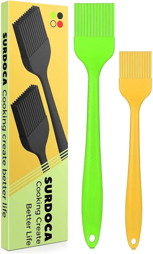 SURDOCA Silicone Pastry Basting Brush - 2Pcs 10 + 8 in Heat Resistant Brush for Baking Cooking Food, BPA Free Kitchen Brush for Sauce Butter Oil, Stainless Steel Core Design for Barbecue BBQ Grilling