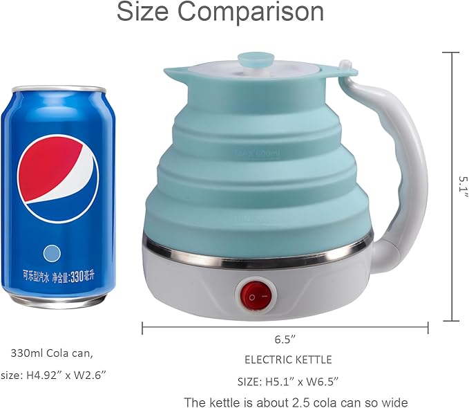Travel Foldable Electric Kettle, Collapsible Electric Kettle Food Grade Silicone Small Pot Boiling water,Dual Voltage（600ml,110-220V US Plug） (Blue)