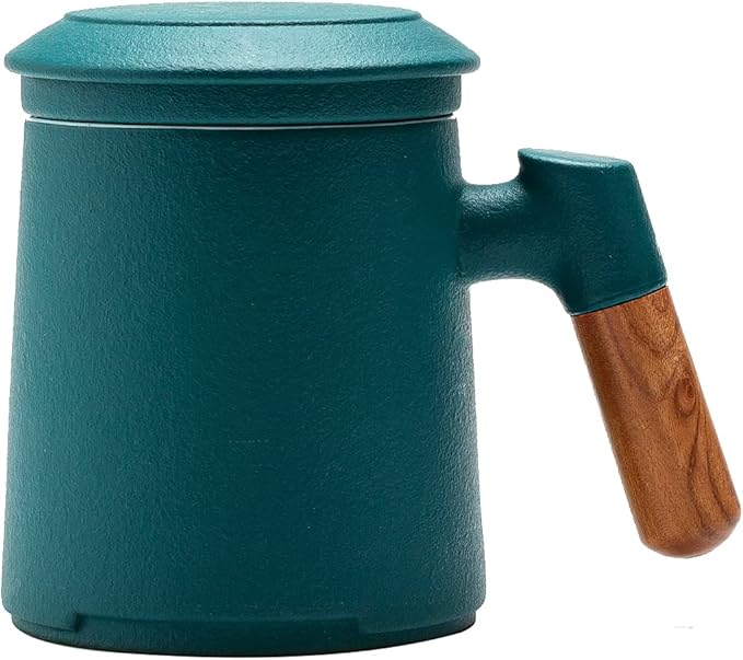ZENS Tea Cup with Infuser and Lid, 12oz Green Tea Mug for Loose Leaf Tea Steeper, Wood Handle Tea Cup with Fine Tea Strainers Hot Diffusers, Ceramic Mugs Accessories for Tea Lovers Gifts