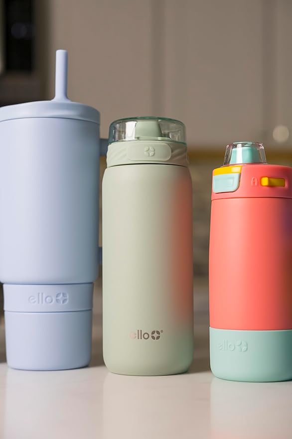 Ello Cooper 18oz Kids Stainless Steel Water Bottle with Straw and Carry Handle, Double Walled and Vacuum Insulated Metal, Leak Proof Locking Lid with Soft Silicone Spout, Reusable, BPA Free, Sage