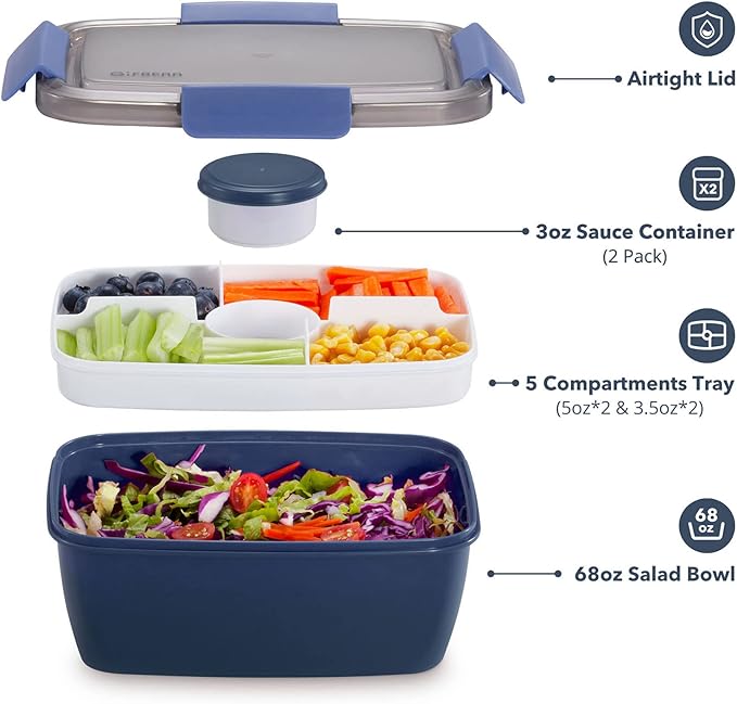 Caperci Large Salad Container Bowl for Lunch - Better Adult Bento Lunch Box 68 oz, 5-Compartment Tray, 2pcs 3-oz Sauce Cups, Stackable, BPA-Free (Navy)