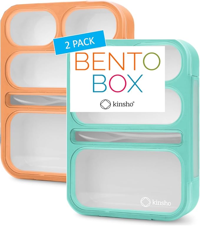 Kinsho Bento Box for Adults and Kids, Leakproof Lunch-Boxes with Custom Fit Spoon and Fork, Portion Control Container, BPA Free, Green + Orange, 5 Compartments, 2 Pack
