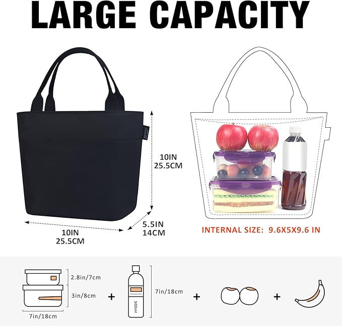Aosbos Lunch Tote Bag, Insulated Lunch Box for Women, Leakproof Lunch Cooler Purse for Work, Black