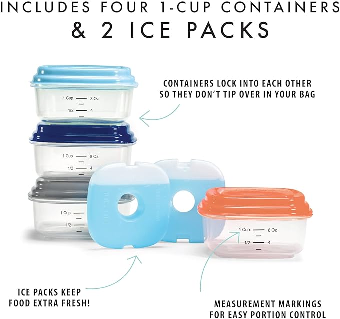 Fit & Fresh Small Plastic Containers With Lids 8 oz, Small Snack Containers With Lids, Reusable Leakproof Dressing and Condiment Containers With Two Attachable Ice Packs, 4PK, Light