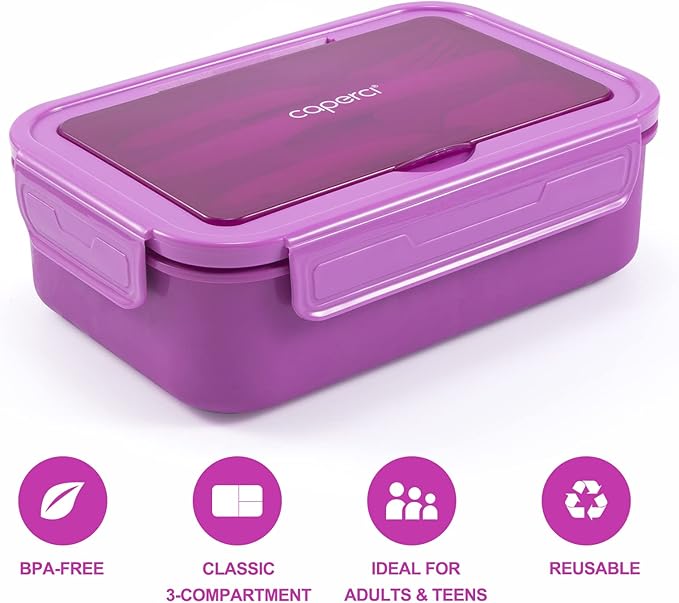 Caperci Classic Bento Lunch Box for Adult & Older Kids - Leakpoof 47 oz 3-Compartment Lunch Containers for Adults and Teens, Built-in Utensil Set, Ideal for On-the-Go, Purple