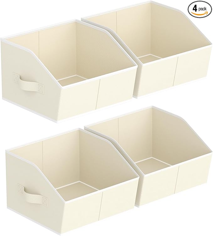 Storage Bins for Shelves - Small Trapezoid Closet Shelf Organizer, Fabric Organization Bins with Handles, Storage Baskets for Clothes, Towel, Purse, 4 Pack, Beige