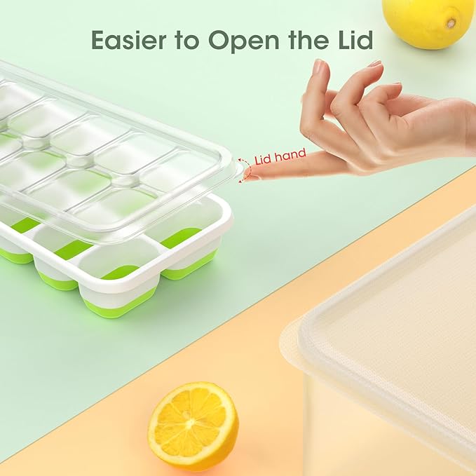 DOQAUS Ice Cube Tray with Lid and Bin, 4 Pack Silicone Plastic Ice Cubes Trays for Freezer with Box/Container, Stackable with Storage Iced Bucket Kits, Scoop, for RV, Soup, Food, Cocktail, Coffee