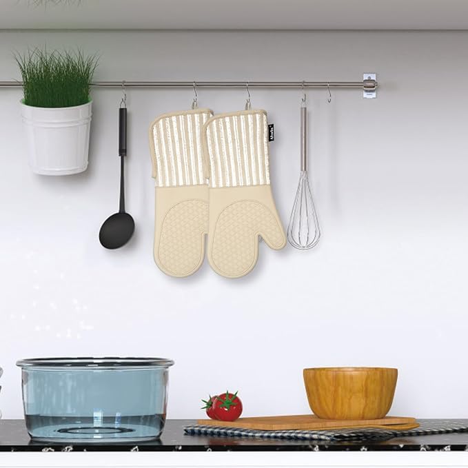 Silicone Oven Mitts Heat Resistant 932℉ with Waterproof & Non-Slip Kitchen Mittens, Set of 2 Extra Long Oven Gloves with Soft Cotton Terry Lining for Baking Cooking Barbecue (Khaki, 2)