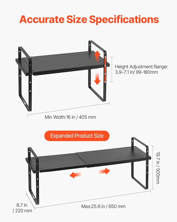VEVOR Adjustable Kitchen Cabinet Shelf Organizer, Expandable 2 Tier Cabinet Shelf, Stackable Countertop Organizers and Storage Risers, Pantry for Kitchen Bathroom Office, Black