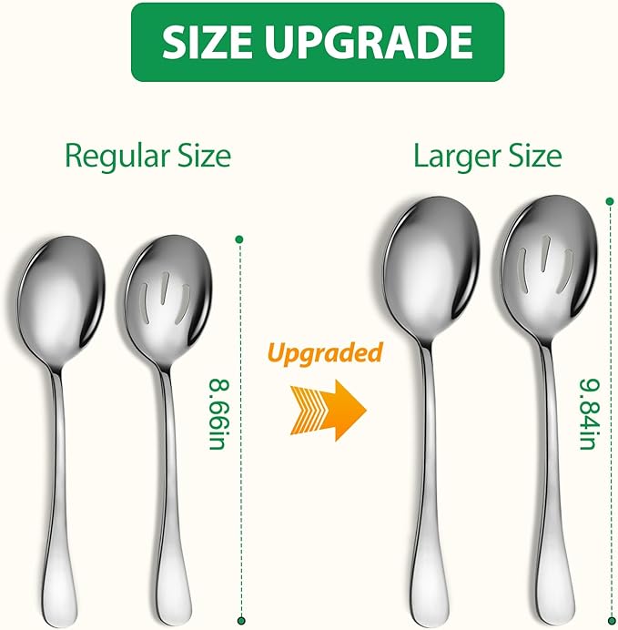 Stainless Steel Serving Spoons Set, 6pc, 10-Inch, Includes 3 Large, 3 Slotted, for Parties/Kitchen/Buffet/Catering, Dishwasher Safe