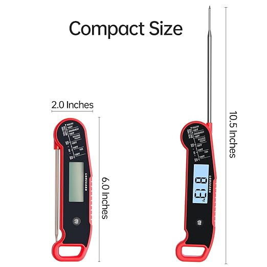 Lonicera Digital Meat Thermometer for Food Cooking. Instant Read Within 1 Sec and ±0.9℉Accuracy with Thermocouple Sensor. IP67 Waterproof, Auto-Rotating Display, Auto Wake up (Red)