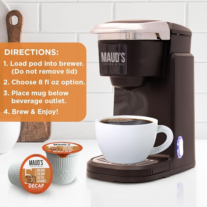 Maud's Salted Caramel Flavored Coffee Pods, 18 ct, Medium Roast Flavored Coffee in Recyclable Single Serve Pods – 100% Arabica Beans, Compatible with Keurig K Cups Maker